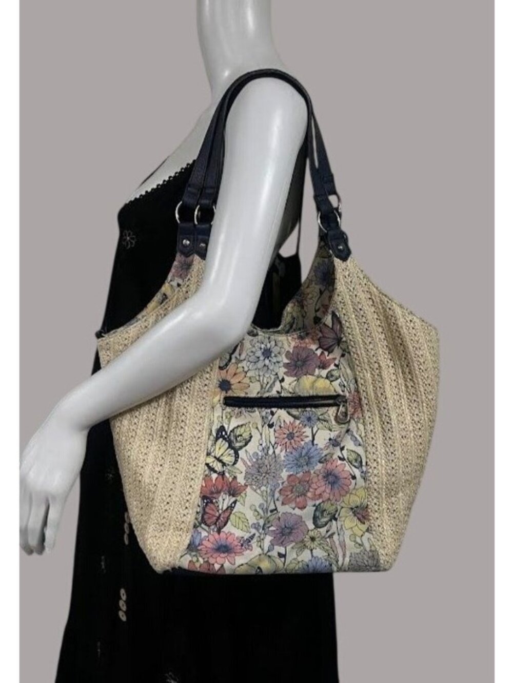 The Sakroots Floral Straw Tote Bag With Navy Straps 13" Handbag Boho